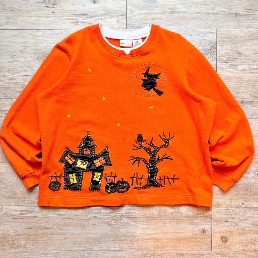 Vintage Halloween Sweater Orange Haunted House Witch Pumpkin Sweatshirt L